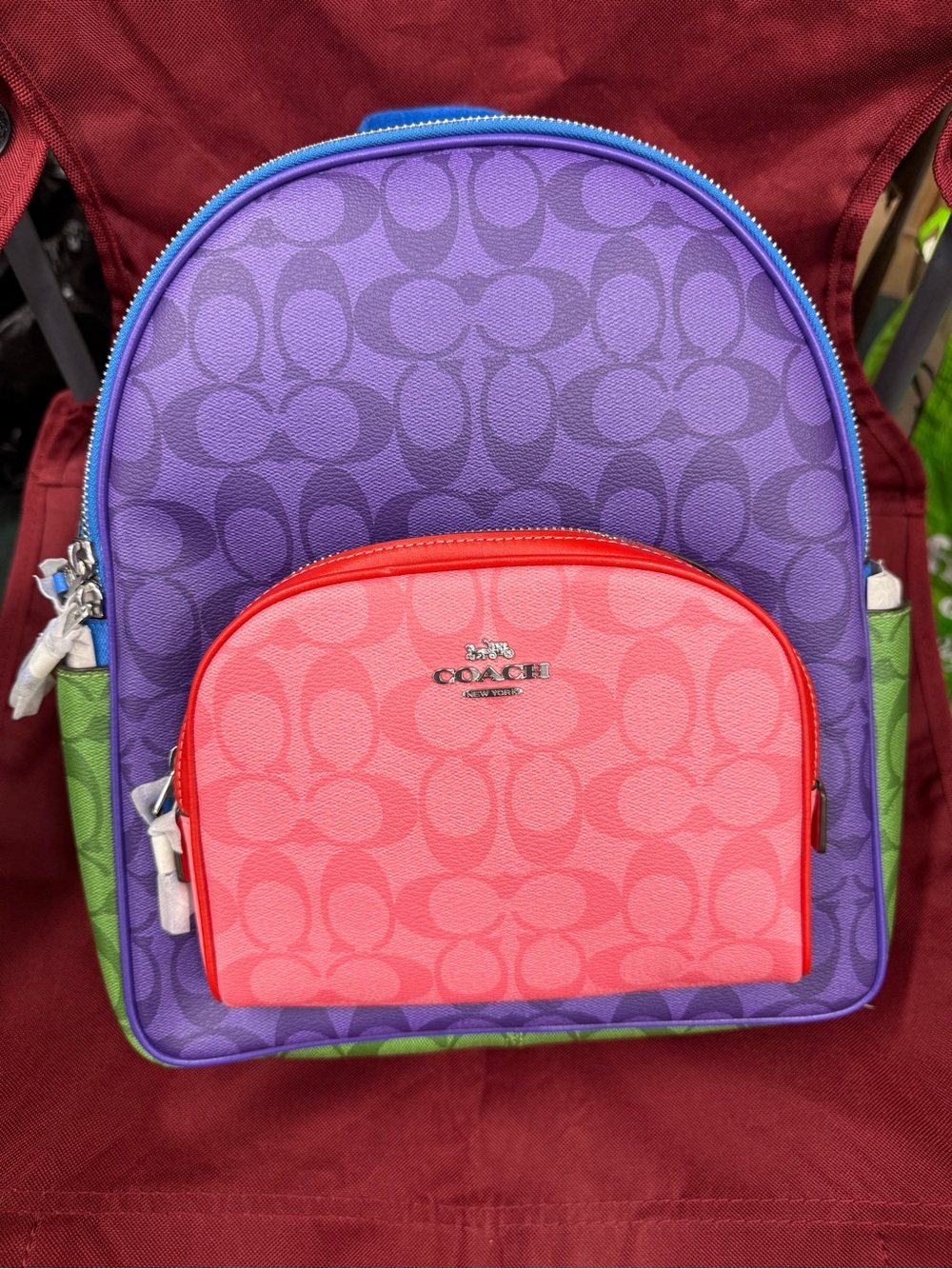 Coach Colorblock Signature Backpack in Purple, Pink & Green with Blue Trim